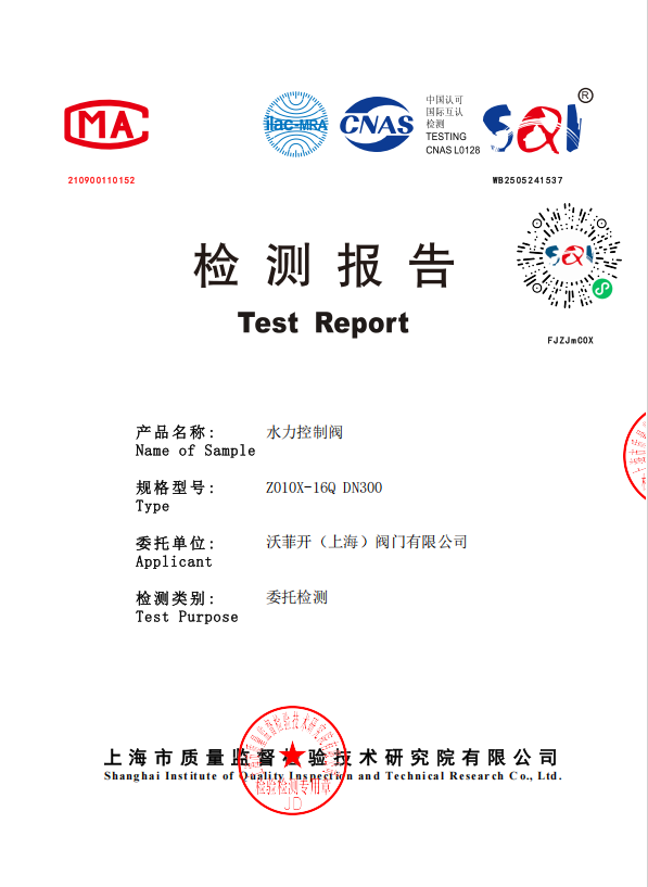 检测报告-水利控制阀Z010X